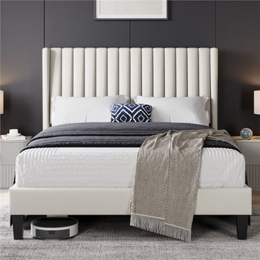 Yaheetech Fabric Upholstered Platform Bed with Channel Tufted Headboard, Full, Beige