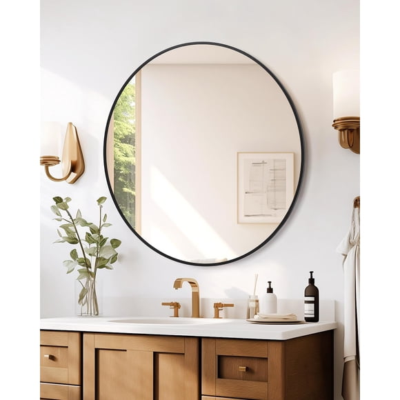 2025 New 5mm Extra Thick Round Mirror, 20 Inch Matte Black Aluminum Alloy Framed Bathroom Mirror, HD Eco-Friendly Mirror, Modern Cute Wall Mirror for Nursery, Living Room, Vanity