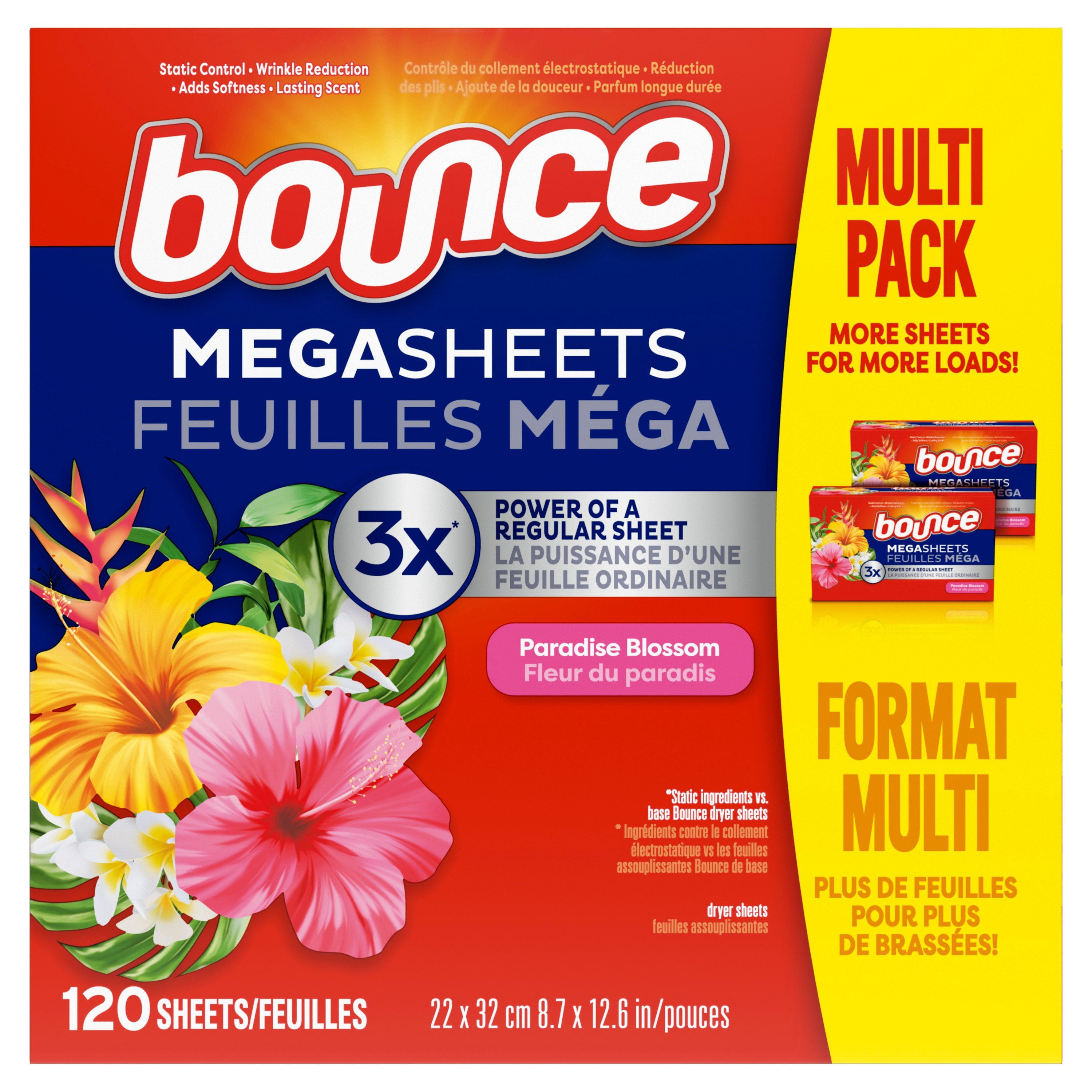 Bounce Mega Dryer Sheets, Paradise Blossom, Mega Fabric Softener Sheets with Static Control, Wrinkle Reduction, Extra Softness, Lasting Scent, Repels Lint 120CT