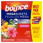 Bounce Mega Feuilles de sécheuse, Fleur de Paradise, Plaques d'adoucissement de tissu Mega avec contrôle statique, réduction des rides, softness extra, Scent durable, Repels Lint 120CT