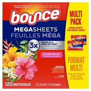 Bounce Mega Feuilles de sécheuse, Fleur de Paradise, Plaques d'adoucissement de tissu Mega avec contrôle statique, réduction des rides, softness extra, Scent durable, Repels Lint 120CT