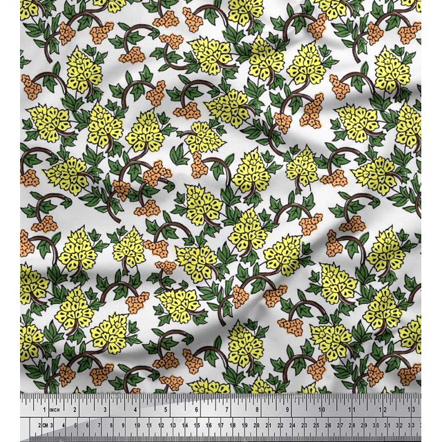 Soimoi Poly Georgette Fabric Leaves & Floral Block Printed Fabric 1 Yard 52 Inch Wide