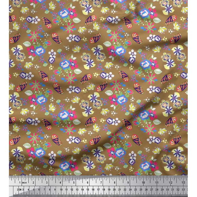 Soimoi Brown Polyester Crepe Fabric Leaves,Insect & Floral Artistic Fabric Prints by Yard 52 Inch Wide