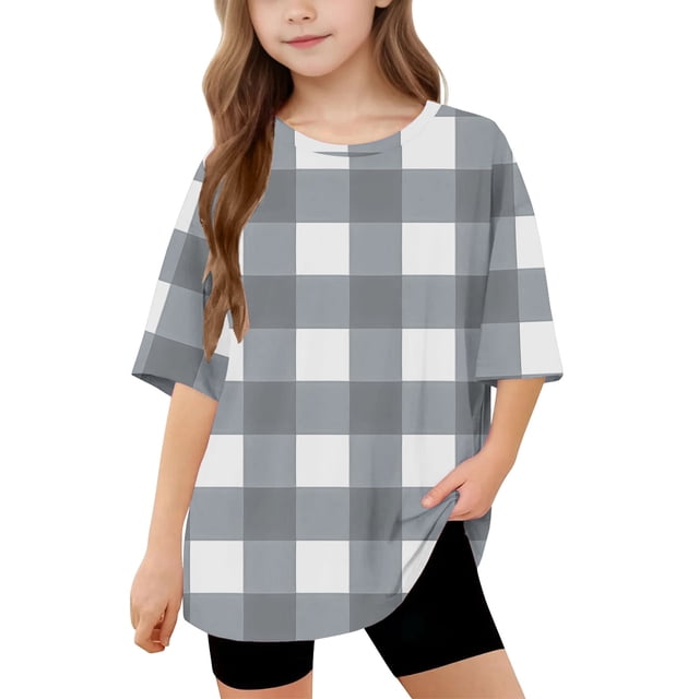 DecSea T-Shirt à Manches Courtes pour Filles, Été, Imprimé à Carreaux, Col Rond, Décontracté, Basique, 5-14 Ans