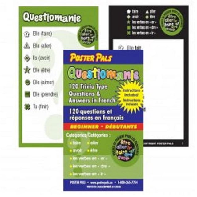 Jeu-questionnaire en Français par Poster Pals avec 120 Cartes de questions dans Cinq Catégories pour Apprenants Débutants en Français, Présentant des questions sur des Verbes et des Thèmes Communs avec des Réponses Inversées; les Cartes Mesurent 4 par 3 Pouces et Sont Idéales pour la Classe Ou un Petit Groupe.