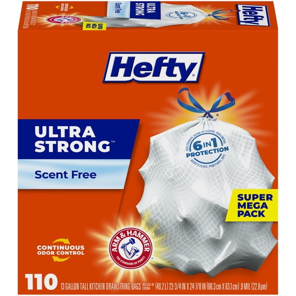 Hefty Ultra Strong Trash Bags (Scent Free, Tall Kitchen Drawstring, 13 Gallon, 110 Count) &acirc;?? Fits All Simplehuman Size J Cans