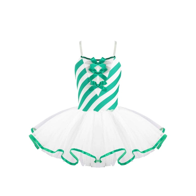 RUNQHUI Robe de Danse Ballet de Noël pour Filles, Justaucorps Sans Manches à Rayures, Jupe Tutu en Maille, Tenue de Danse de Noël Verte 8