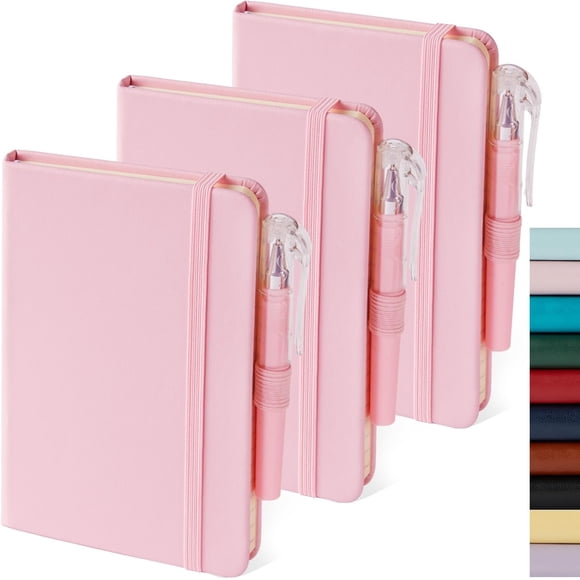 HSHDLDF Small Notebook Journal with Pen, 3 Pack Mini Pocket Size Journals Notebooks Bulk for Women Work School Writing Note Taking, Pink Leather Notebook