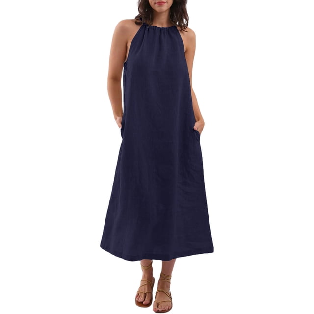 Kaemgyyd Robes à Col Licou pour Femmes Été Sans Manches Robe d'Été Décontractée Plage Vacances Fluide Bohème Mi-Longue avec Poches