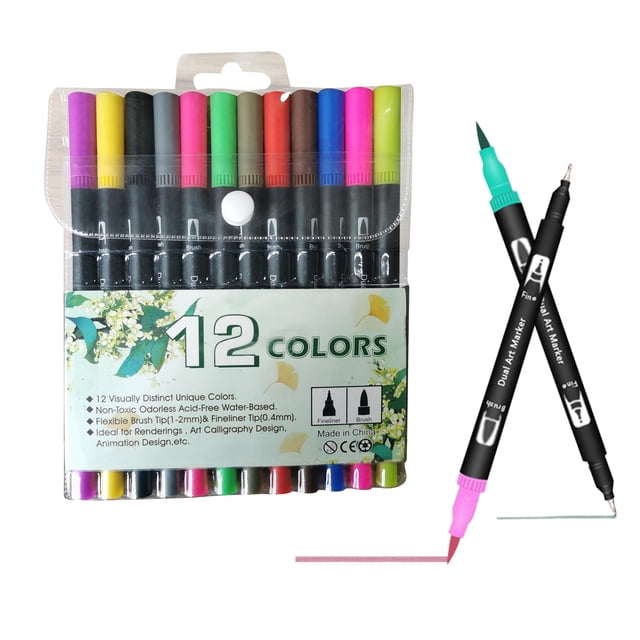 12 Colors Dual Tip Brush Pens Art Markers Set Fine & Brush Tip Pen for