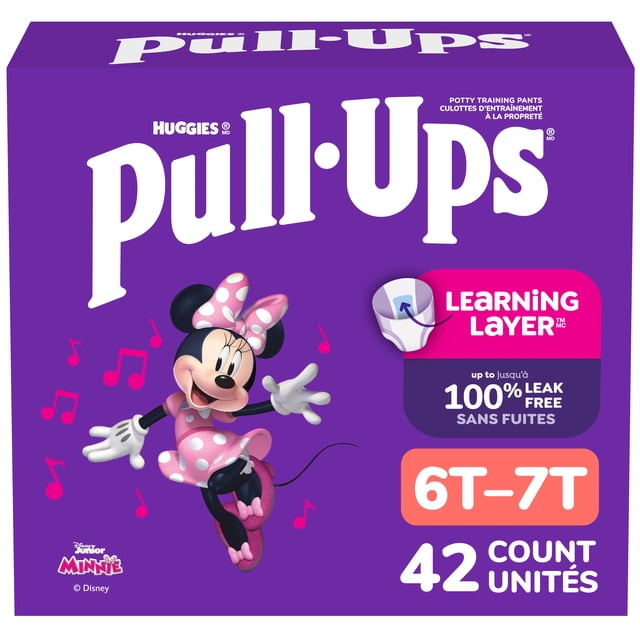 Pull-Ups Girls' Potty Training Pants 6T-7T (55-75 lbs) box with 42 count, purple packaging featuring Disney Junior Minnie Mouse in pink polka dot dress and bow, highlighting Learning Layer technology and up to 100% leak-free protection for toddler girls.