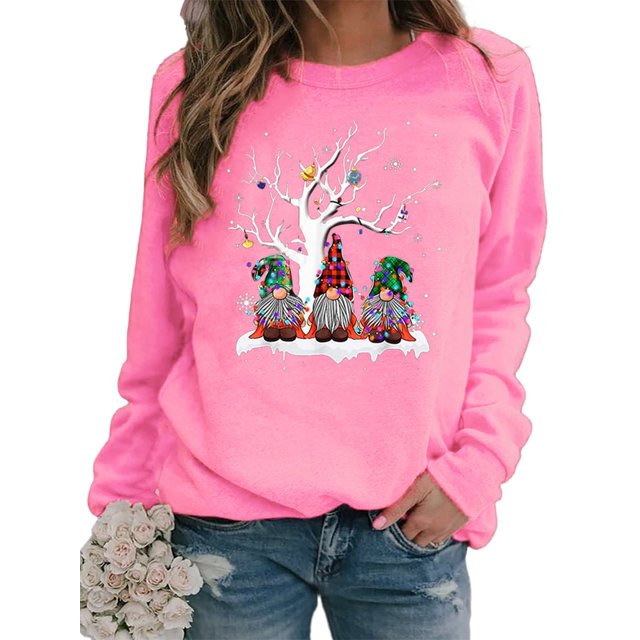 Bellella Pull pour Femmes Col Rond Sweat-Shirts de Noël Imprimé Gnome Sweat-Shirt Chaud à Manches Longues Femme Rose TP