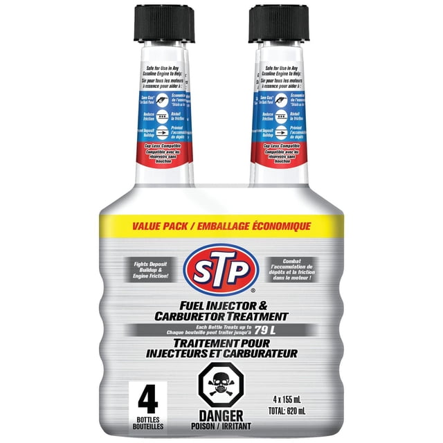 STP Fuel Injector Cleaner & Carburetor Cleaner 5.25 fl oz 4 Count pack with four white bottles with black caps and bilingual labels, designed to clean fuel injectors and carburetors, reduce engine friction, and prevent deposit buildup, treating up to 79 liters of gasoline for smoother engine performance in all gasoline engines.