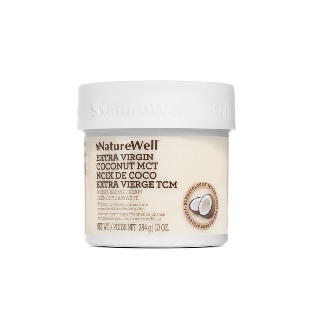 Naturewell Crème MCT à la Noix de Coco Extra Vierge, 10 oz/284 g, Exposée dans un Pot en Plastique Blanc avec Couvercle Blanc Embossé et Étiquette beige. la Crème Hydratante Est Formulée pour Raffermir, Offrir une Riche Hydratation et Favoriser une Peau Éclatante, avec un Sceau Testé par des Dermatologues à l'Image de la Noix de Coco, Idéale pour le Traitement de la Peau Sèche.