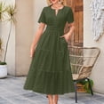 thumbnail image 2 of biudgviw Robes Maxi pour Femmes Été Manches Courtes Col en V Oeillets Ajouré à Étages Robe Trapèze Fluide Robe de Plage Vacances, 2 of 5