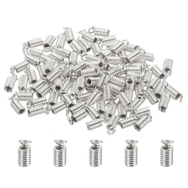 Unique Bargains Cord End Caps, 100Pcs 3.5x8.5mm Metal Spring Coil End Tips Crimp Terminators Caps Silver White