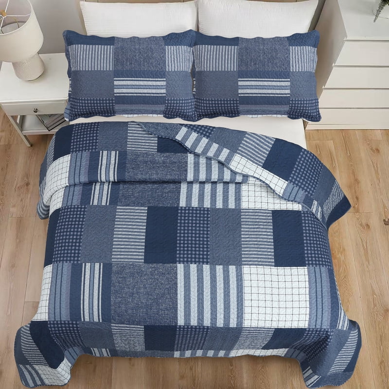 Marina Decoration Rich Printed Embossed Pinsonic Coverlet Bedspread Ultra Soft Home Bedding 2 Piece Summer Quilt Set with 1 Sham, Navy White Plaid Pattern Twin/Single