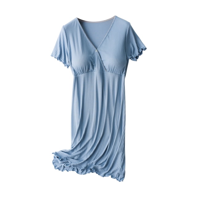 matoen Robe d'Allaitement pour Femme à Col en V Profond, Unie, à Manches Courtes, avec Boutons, Robe Fluide à Volants avec Coussinet de Poitrine, Vêtement de Nuit
