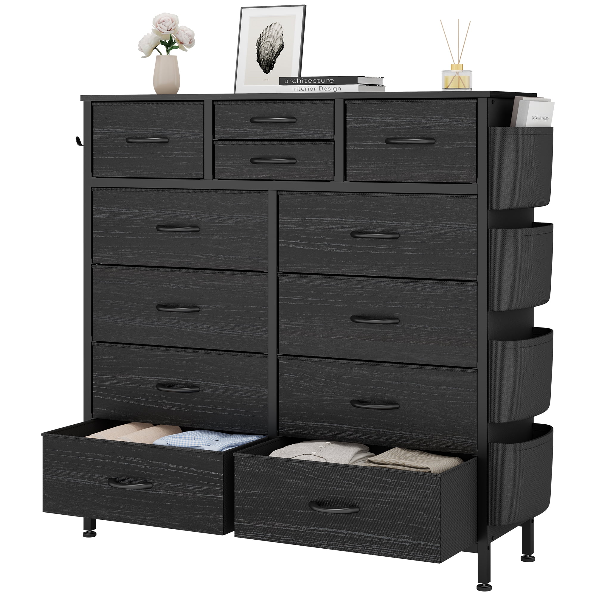 LainTene 12 Drawers Dresser for Bedroom, Fabric Closet Chests Organizer Tower Furniture with Wooden Top Metal Frame for Clothes, Room, Living Room, Hallway，Black