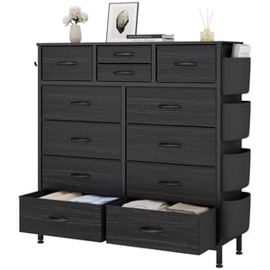 LainTene 12 Dressers Dresser pour Chambre, Tissu penderie Organisateur Tower Meubles avec plateau en bois Cadre en métal pour vêtements, Chambre, Salon, Hallway,Noir