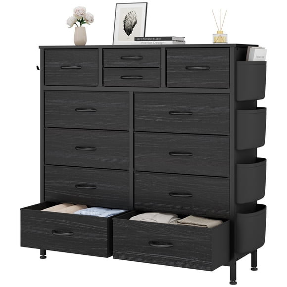 LainTene 12 Drawers Dresser for Bedroom, Fabric Closet Chests Organizer Tower Furniture with Wooden Top Metal Frame for Clothes, Room, Living Room, Hallway,Black