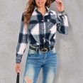 thumbnail image 4 of IROINID Surchemise Courte pour Femmes Col Rabattu à Carreaux Manches Longues Manteau Chemise Sans Capuche Décontracté, Bleu, 4 of 7