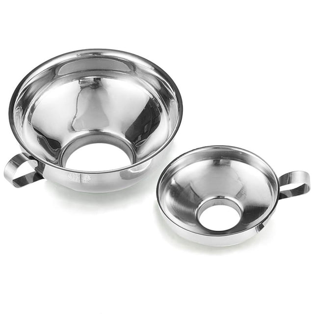 Canning Funnel, 2 Pack Stainless Steel Canning Supplies Kitchen Funnel Mason Jar Funnel Canning Funnel. Includes two silver stainless steel funnels, one large and one small, designed for wide and regular mouth jars. Features a wide-mouth design, heat-resistant material, and hanging holes for convenient storage. Perfect for kitchen utensils, transferring liquids, spices, powders, beans, jams, and nuts while keeping counters clean. Durable, rust-resistant, and dishwasher safe funnel set.
