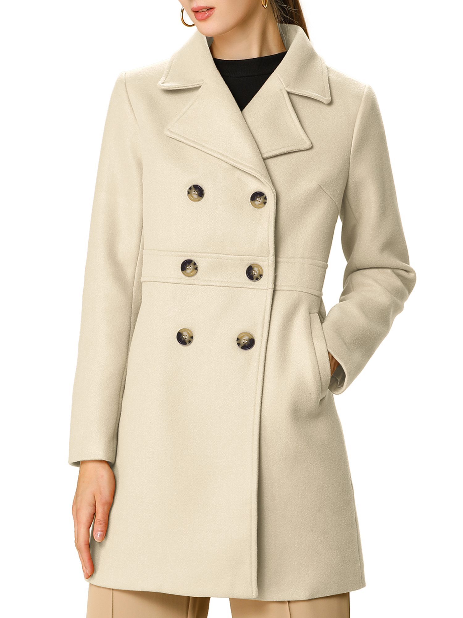 INSPIRE CHIC Manteau Mi-Long à Double Boutonnage pour Femme à Revers Cranté