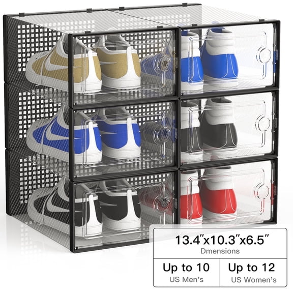 Cubepoint Shoe Boxes Fit Size 12, XX Large 6 Pack Clear Shoe Storage Boxes, Stackable Shoe Storage Organizer, Shoe Organizer for Entryway,Closet