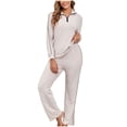 thumbnail image 2 of Knit Loungewear Sets for Women 2pc Pajama Sets Ribbed Knit Quarter Zip Pullover Tops Wide Leg Pants Fall Sweater Outfits Beige L, 2 of 7