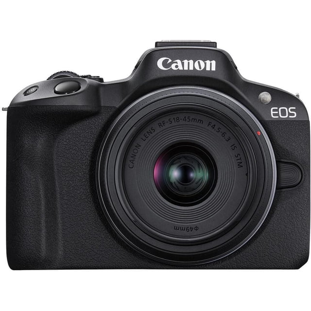 Canon EOS R50 Mirrorless Camera with 18-45mm Lens in black, front-facing view showing the compact body with textured grip, Canon logo above the lens, and lens markings RF-S 18-45mm F4.5-6.3 IS STM. Features a 24.2MP APS-C sensor and 4K video capture, ideal for photography and vlogging.