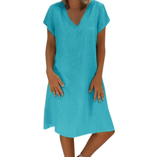 EQWLJWE Robes d'Été pour Femmes Mode Femmes Ample Col en V Été Uni Manches Courtes Coton Robe Ligne A Robes pour Femmes Grande Taille