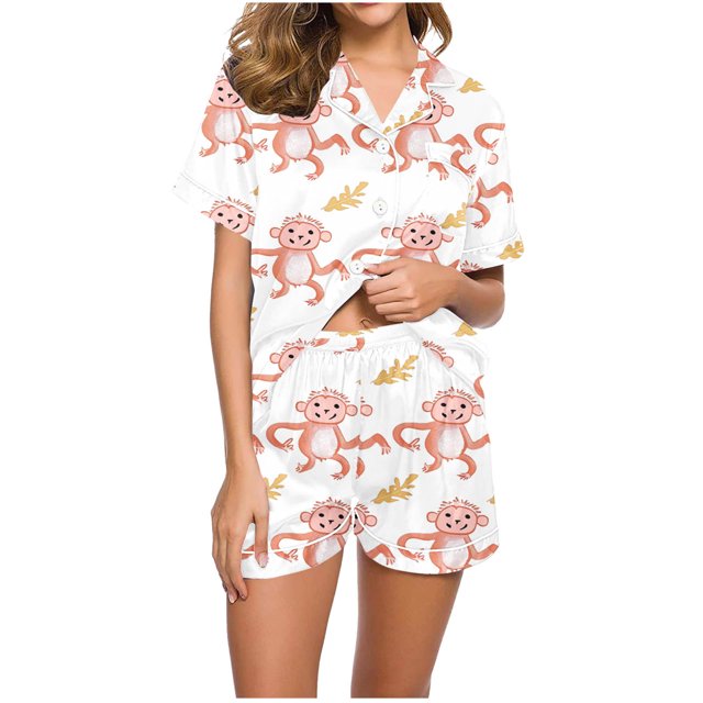 Jamicy Pyjama Mignon Femme Mode Décontractée Imprimé T-Shirt à Manches Courtes à Col à Revers avec Short Ample Confortable Ensemble de Pyjama pour la Maison