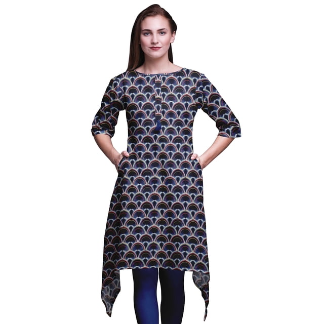 Bimba Kurti Asymétrique Bleu Damassé Imprimé Shibori pour Femmes Robe d'Été Indienne Tunique Très Grand