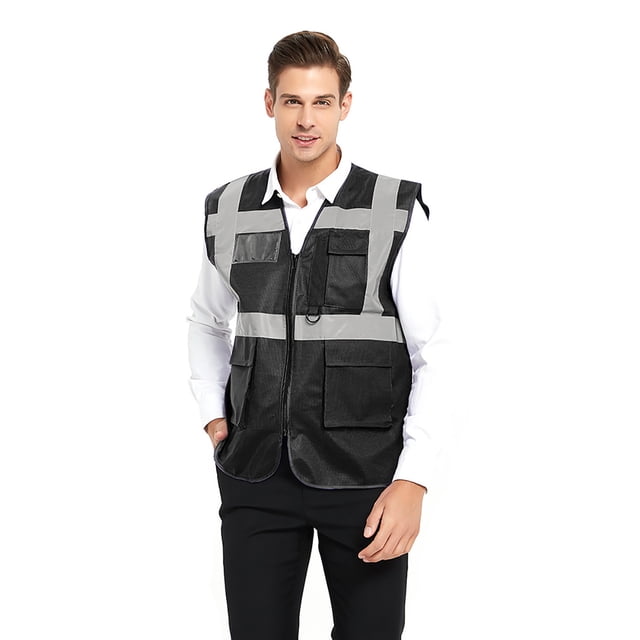 Toptie 5 Pockets High Visibility Safety Vest with Reflective Strips, Working Uniform Vest-Black-S