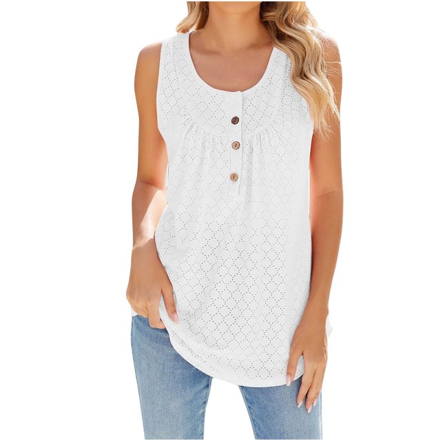 Dealovy Tank Tops for Women Crew Neck Buttons Ruched Summer Tunics Loose Solid Sleeveless Plain Blouses