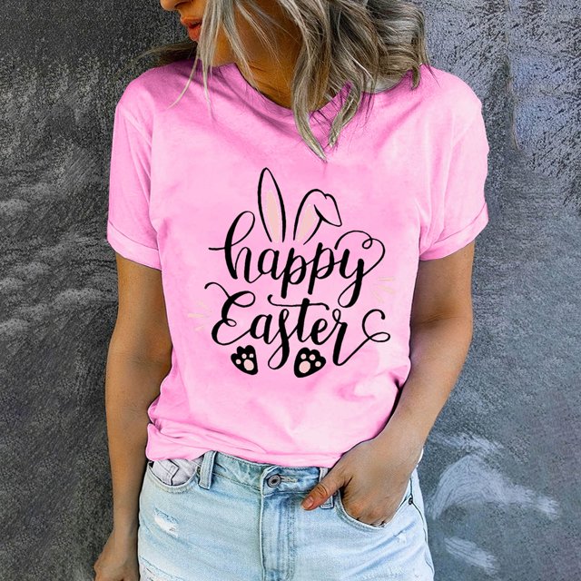 EGNMCR Shirts T - de Pâques pour Femmes T-Shirts Imprimé de Pâques T-shirt à Col Rond pour Femme Mode et Confortable Chemise pour Femme Haut à Manches Courtes Haut/chemise à Col Rond T-Shirts pour Femmes