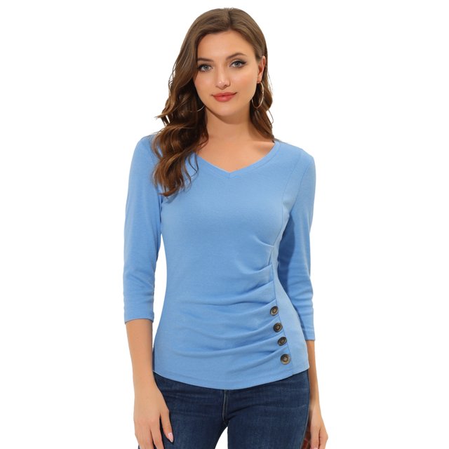 INSPIRE CHIC Women's Button Decor V Neck 3/4 Sleeve Ruch Top Light Blue S