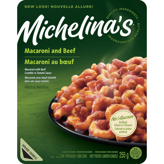 Michelina's Macaroni au Bœuf, Repas Surgelé, Emballage Montrant 255 g de Macaroni au Bœuf Haché dans une sauce Tomate sur une Assiette Noire, Sans Colorants Ni Arômes Artificiels, avec instructions de Cuisson pour Cuire à Fond et Garder Surgelé.