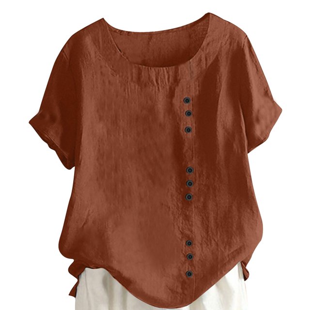 Timegard Plus Size Tops for Women Round Neck Short Sleeve Button Lightweight Blouse Casual Loose Tops