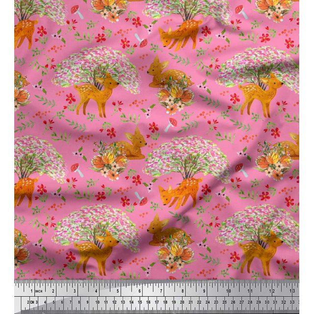 Soimoi Modal Satin Fabric Tree,Floral & Deer Animal Printed Fabric 1 Yard 42 Inch Wide