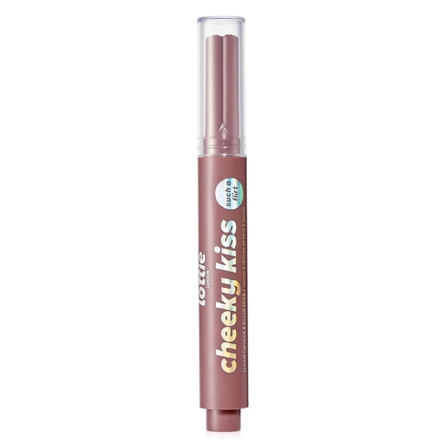 Lottie London - Cheeky Kiss - Cream Lipstick & Blush Stick in a slim mauve tube with clear cap and white holographic text. This vegan, hydrating lip and cheek tint adds a natural flush and fuller lip effect, ideal for versatile makeup application.