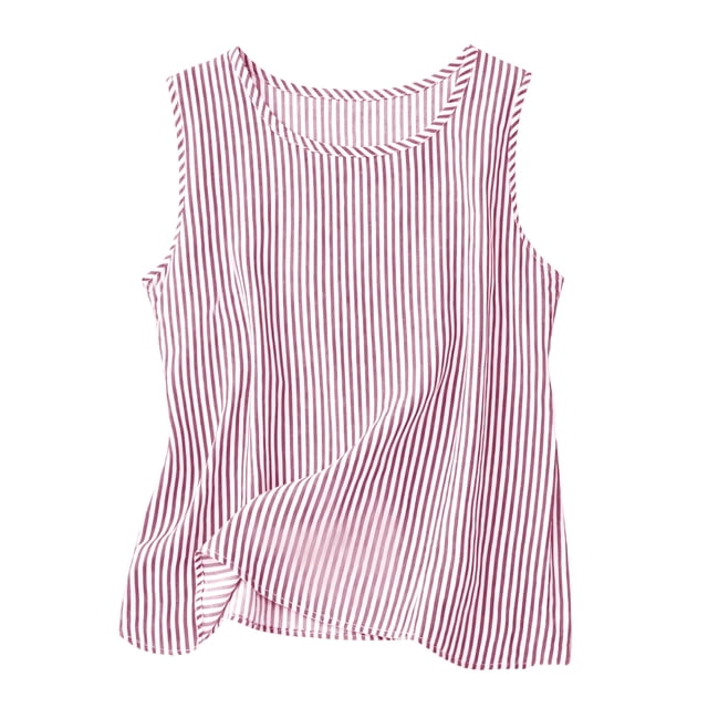 FAVIPT Débardeurs à Rayures en Coton pour Femmes Printemps Été Décontractés Fluides Chemises Vichy Col Ras du Cou Sans Manches Tunique Confortable Rose,TG