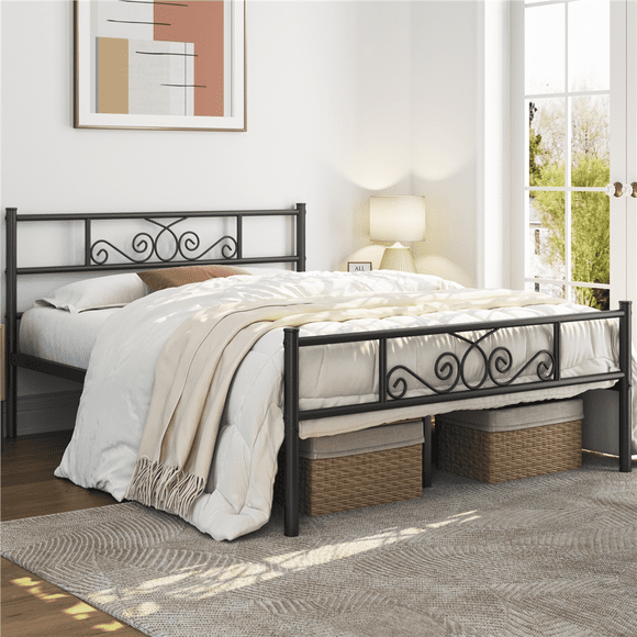 FullFurnique Metal Platform Bed Frame with Scroll Headboard and Footboard, Full, Black