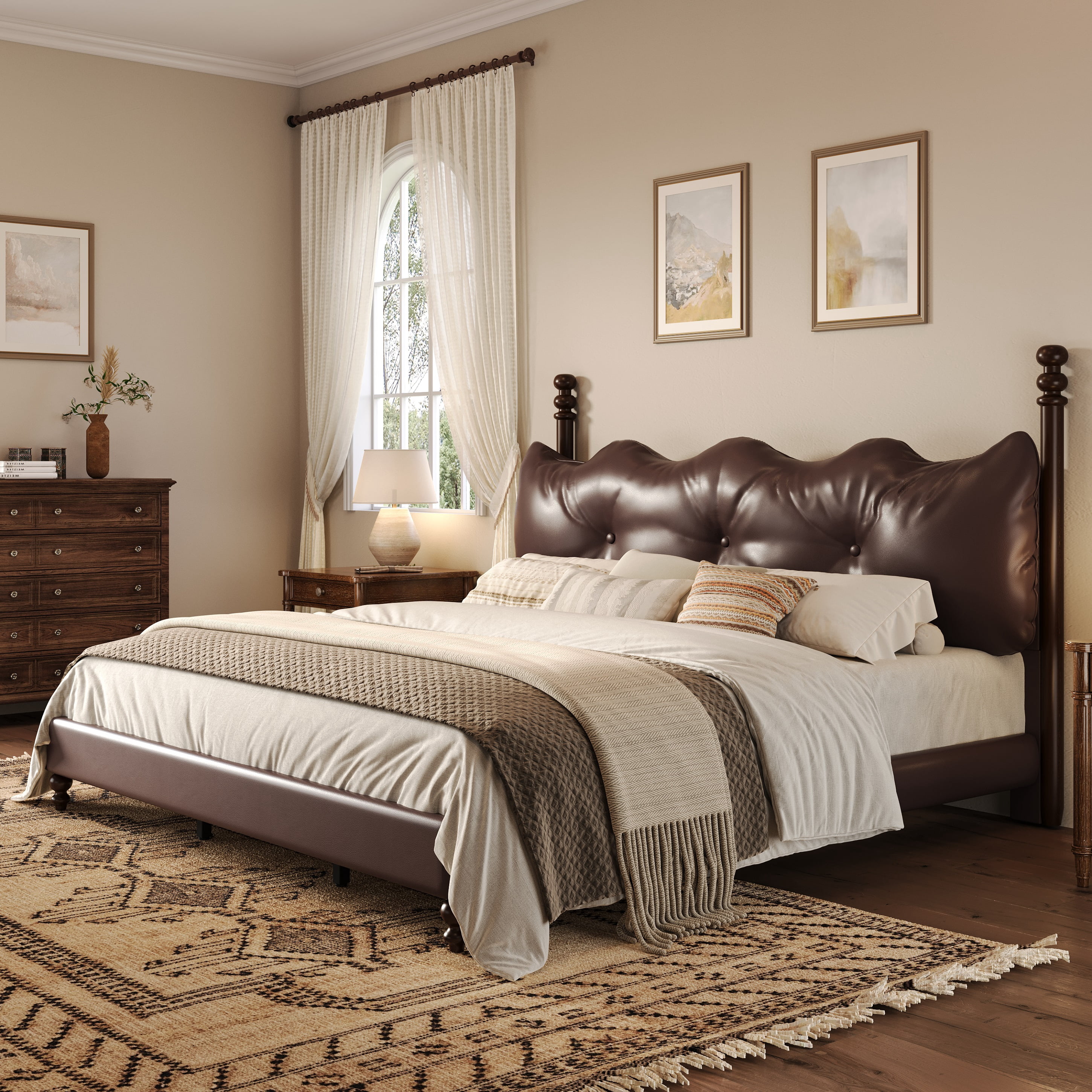 Noble House Lit Plateforme Grand Rembourré avec Tête de Lit, Cadre de Lit en Cuir PU avec Poteaux en Bois, Brun