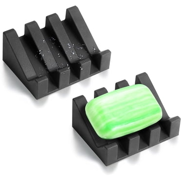 Silicone Soap Dish with Drain for Shower Bathroom Bar Soap Holder, Self Draining Waterfall Drying Tray, Kitchen Sink Caddy Sponge Holder, Black, 2PCS