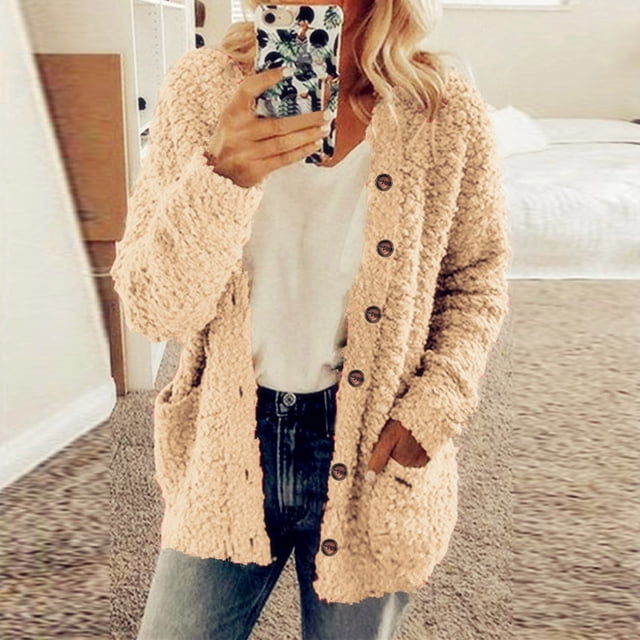 LSLJS Women's Plus Size Plush Cardigan Sweaters Casual Oversized Open Front Long Cardigans Button Up Outerwear. A beige, textured plush cardigan with button-up front, long sleeves, and two side pockets. Perfect for casual wear, plus size outerwear styled with a white top and jeans in a cozy indoor setting.