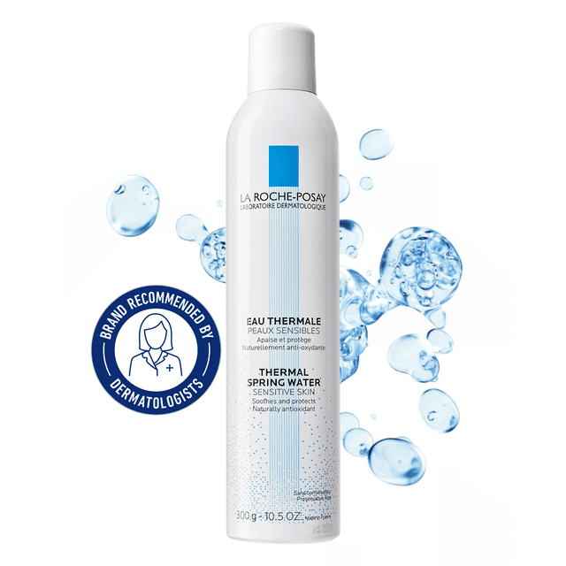 La Roche-Posay Thermal Spring Water, Soothing Face Mist with Antioxidant Selenium for Sensitive Skin, 300mL. Front-facing white-blue spray bottle with La Roche-Posay branding and 300mL marking; a thermal spring facial mist that soothes redness and tightness, delivers antioxidant selenium, and works as a daily toner or makeup-setting spray for lightweight hydration; often used to refresh skin during travel or after sun exposure.