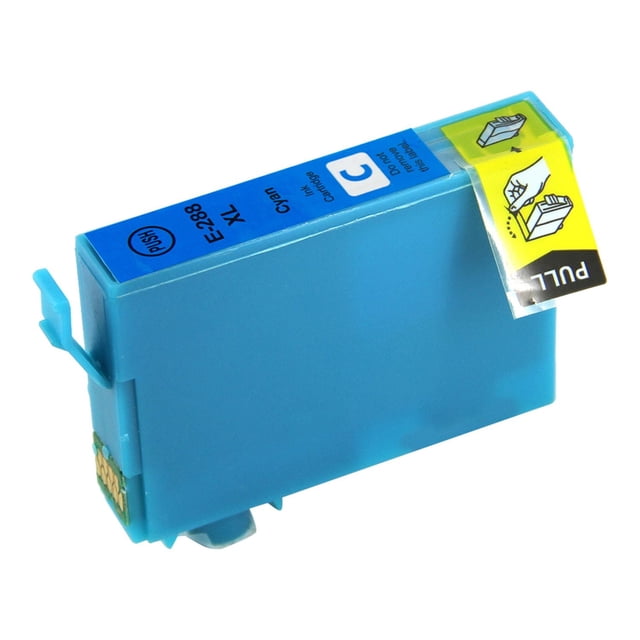 L-ink Compatible Epson 288XL Cyan Ink Cartridge (T288XL220) shown in a close-up angled view with a cyan rectangular plastic body, blue label indicating model E-288 XL and cyan ink, yellow pull tab with removal instructions, and gold chip on the side, compatible with Epson Expression XP 330, 430, and 434 printers for clear, crisp printing.