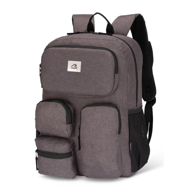 TRAILBLAZER 15.6IN laptop backpack grey with multiple zippered compartments for easy organization, a hard molded top pocket for fragile items, padded adjustable shoulder straps, side mesh water bottle pocket, and reflective safety accents